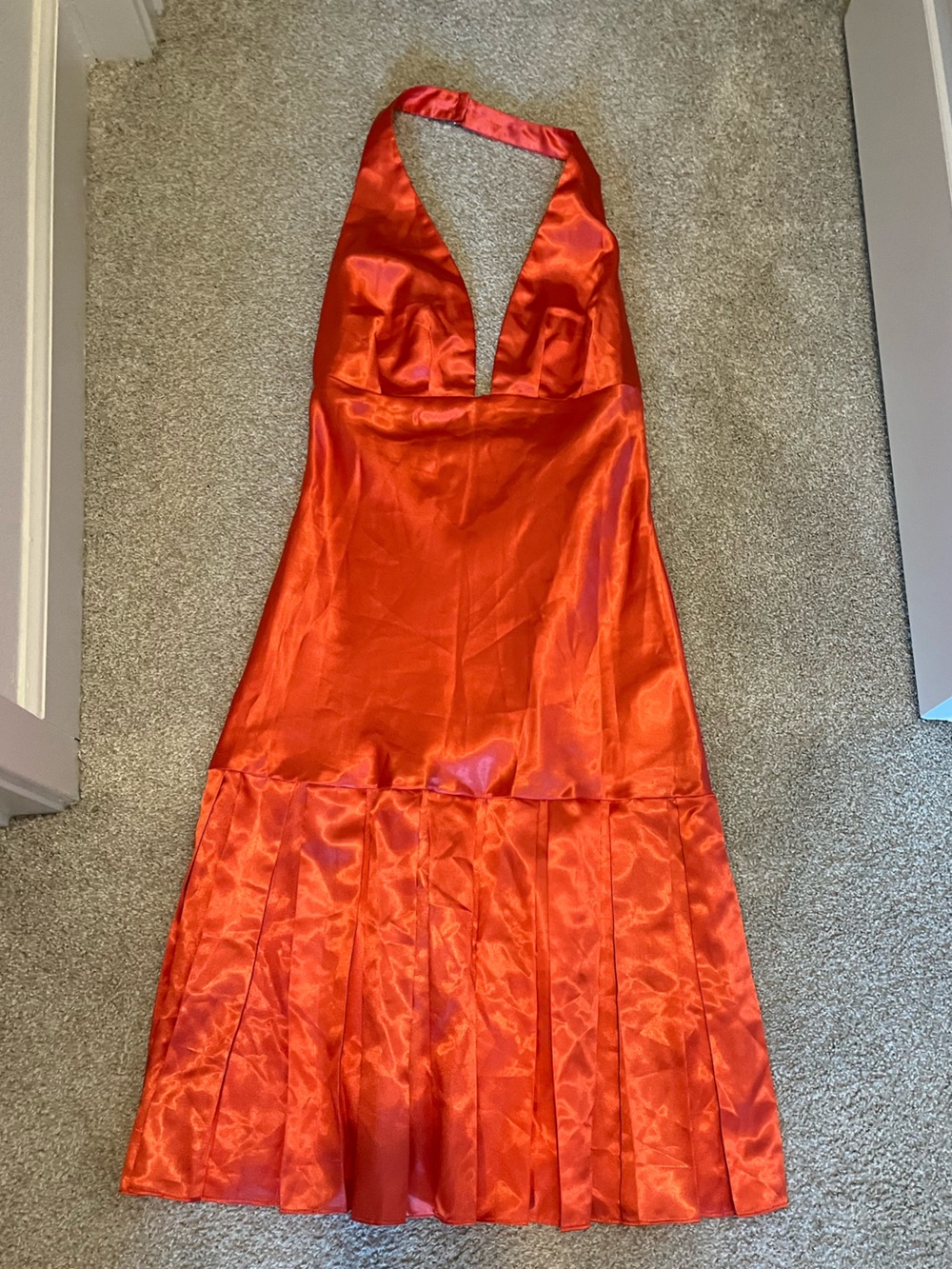Red Satin Halter Midi Dress